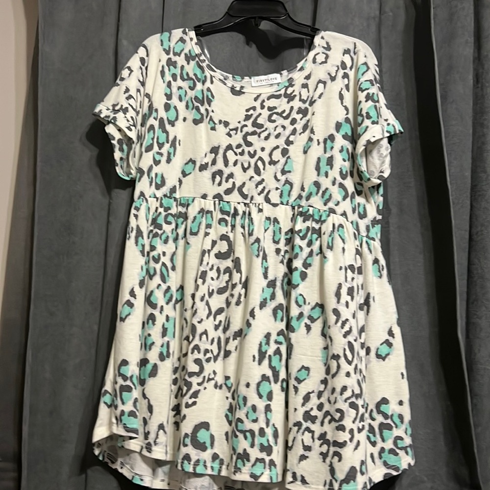 First Love- Large, cream top with mint leopard print design